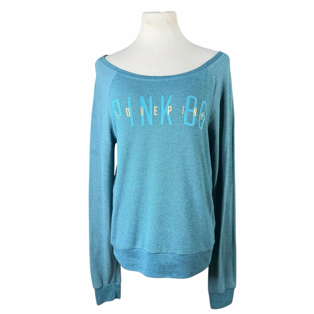 Vintage Y2K VS PINK Teal PINK 86 LOVE PINK Off The Shoulder Sweater - Size Small